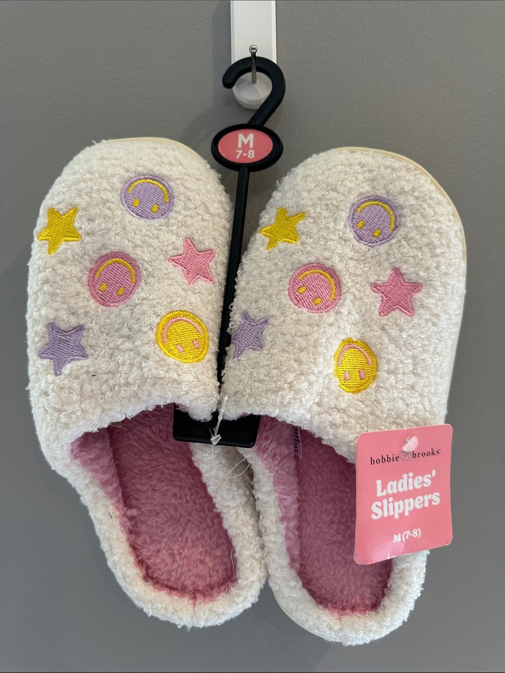 Bobbie Brooks Plush Slippers Smiley Face Stars White Pink Size M 7-8 New